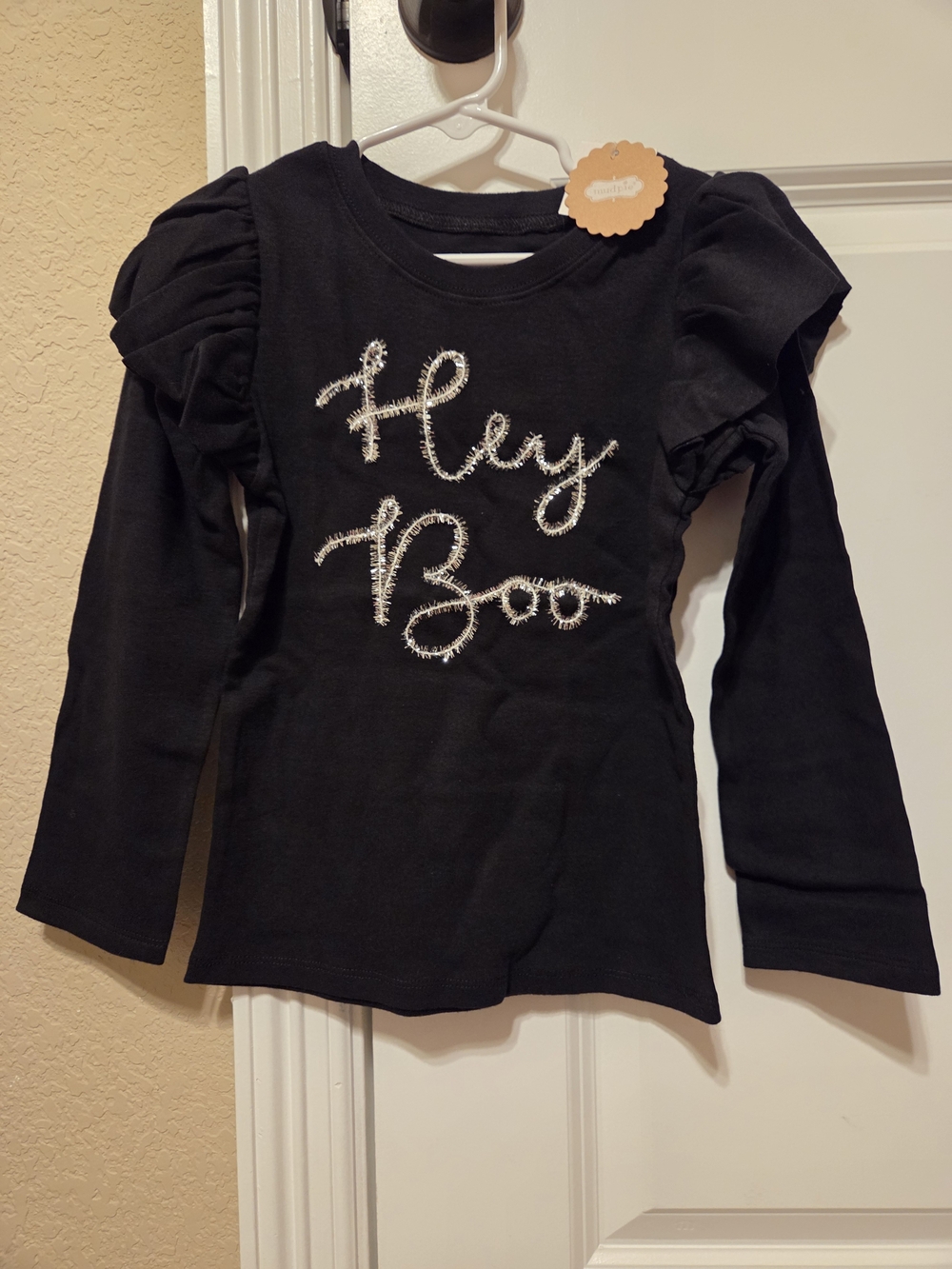 Mud Pie Hey Boo Girls Long Sleeve Ruffle Top Black Large (4T-5T)
